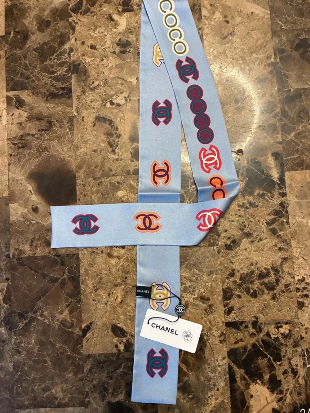 ChaneI Powder Blue Letter Logo Twilly Scarf